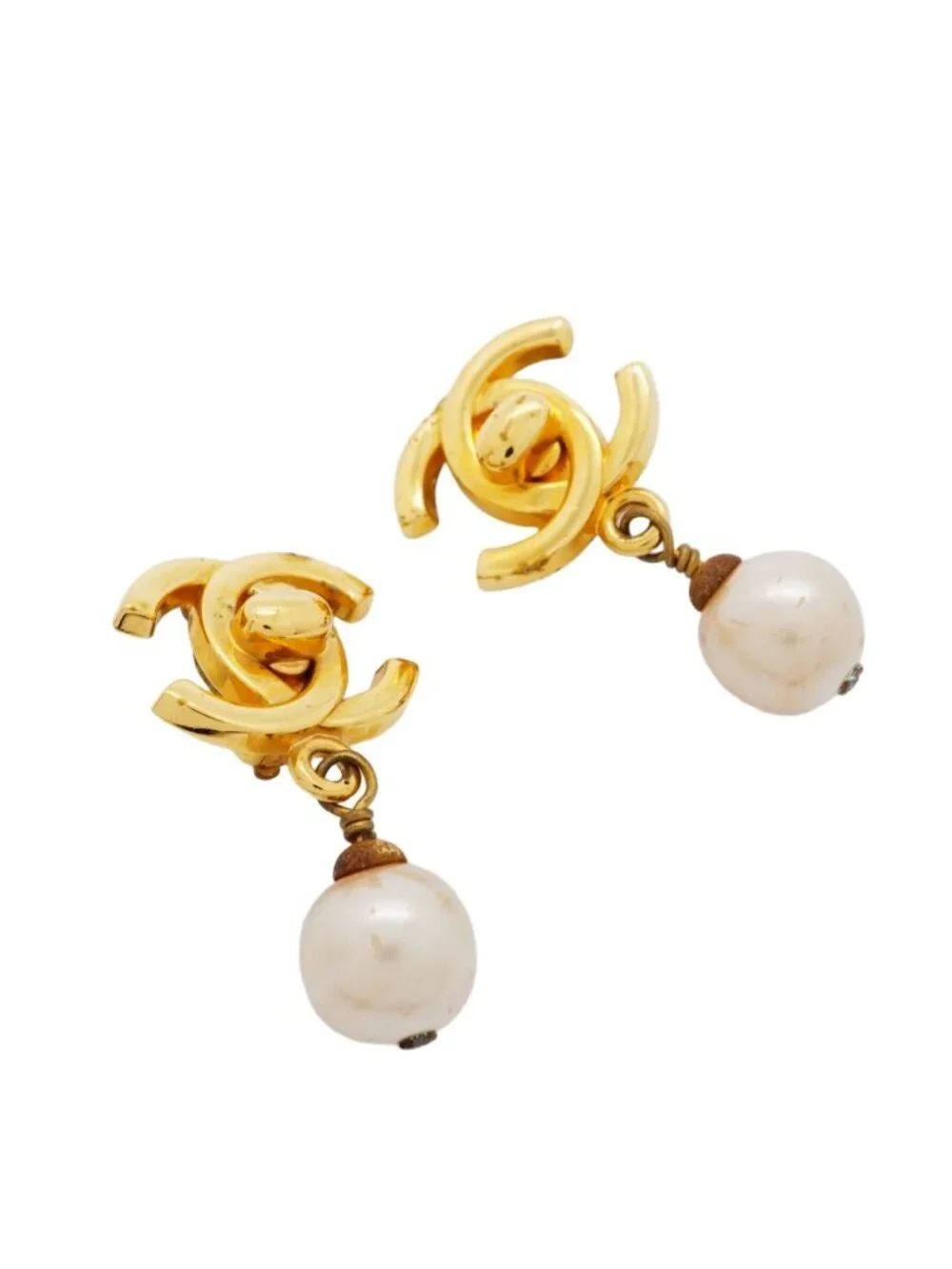 Chanel Earrings Vintage CC Logo Turnlock Gold Plated Faux Pearl